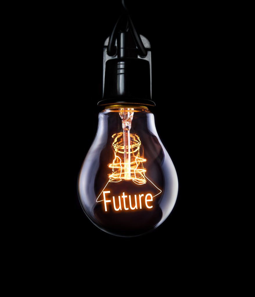 Hanging lightbulb with glowing Future concept.